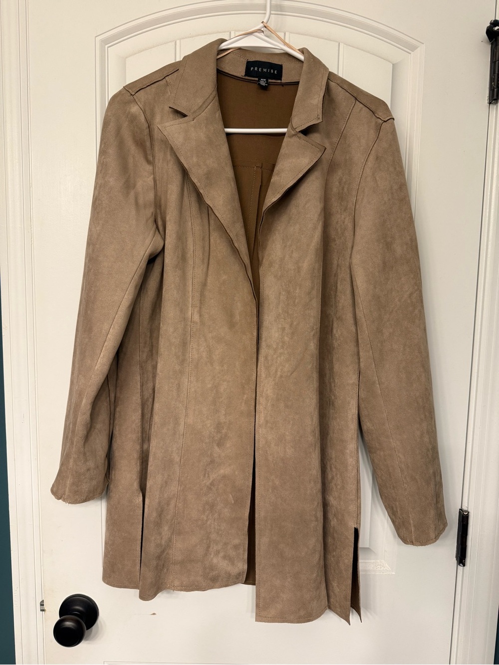 Premise Faux Suede Drape Open Front Long Line Jacket